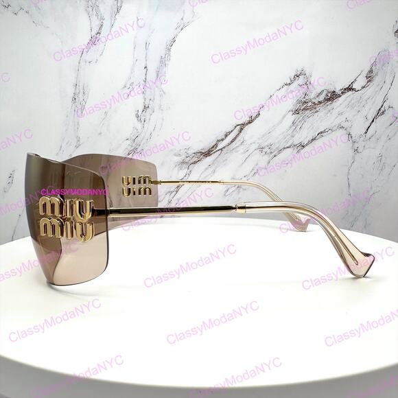 New MIU MIU Aube Sunglasses Gold Light Brown Mirror Bronze Rimless Wrap Womens